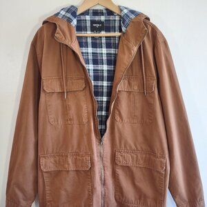 Forever 21 Men's Cargo Utility Chore Jacket Hood Flannel Lined  Size XL
